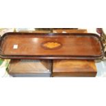 An Edwardian inlaid mahogany oblong tray, 58cm long, a rosewood work box and another box, (3).