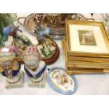 Five framed Baxter style coloured prints, 11 x 8cm, two others, a pair of reproduction ceramic busts