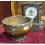 An oak circular bowl with plated mounts, (no liner), 24cm diameter, 16cm high and a wood case mantel