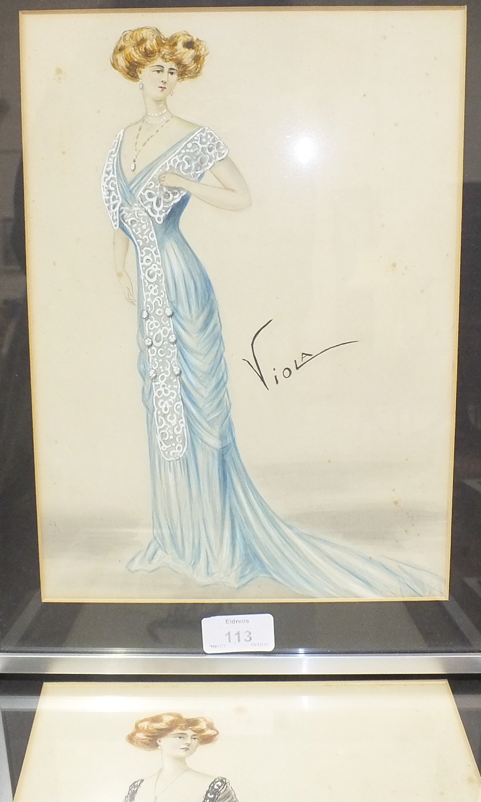 Viola, twelve framed Edwardian fashion watercolours of elegant ladies in evening dress, eleven