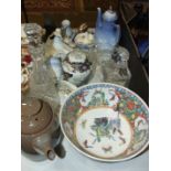 A Waterford glass bon bon dish two glass decanters, a Copenhagen model of a seagull and other