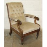 An early Victorian rosewood salon chair, the shaped buttoned back, upholstered seat and partially