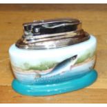 A Ronson table lighter with Minton bone china base decorated with a leaping salmon, and signed P