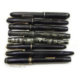 Eight various fountain pens: Mabie Todd "Blackbird", Parker "Slimfold", Conway Stewart no.55, etc,