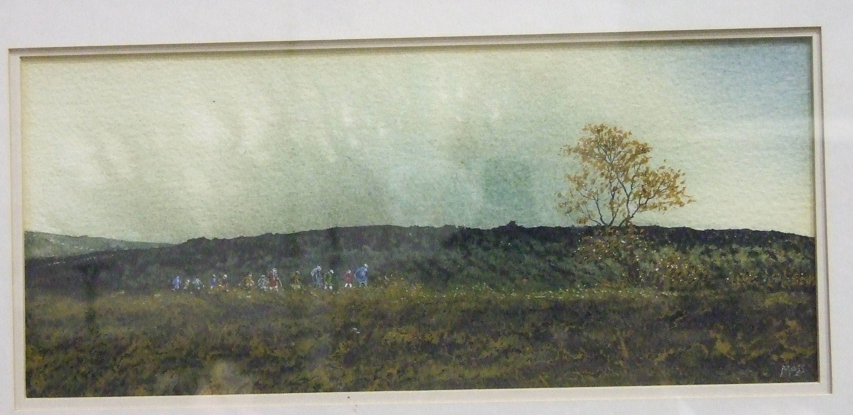 Michael Moss, Children on the Old Princetown Railway, a signed watercolour, 12 x 28cm, titled and