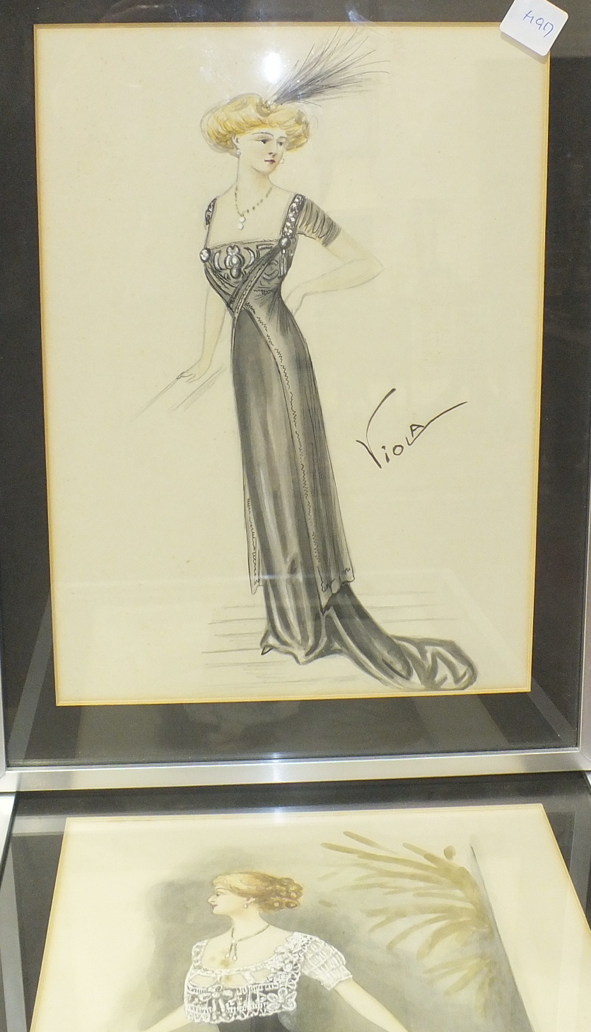 Viola, twelve framed Edwardian fashion watercolours of elegant ladies in evening dress, eleven - Image 2 of 3
