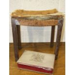 A George VI limed oak coronation stool, upholstery lacking, a needlework George VI coronation box,