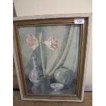 OIL PAINTING AMARYLLIS & PORCELAIN BY M REES