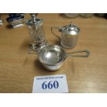 SILVER TEA STRAINER MUSTARD POT & PEPPER GRINDER