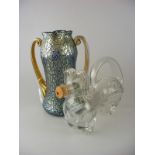 An unusual Crackle glaze iridescent glass vase together with a pig formed decanter