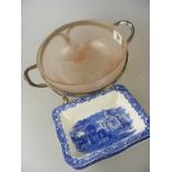 An Art Deco glass frosted bowl depicting birds together with two shredded wheat George Jones dishes