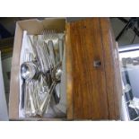 Mahogany Tea caddy (lacking interior) together with a qty of flatware,