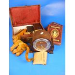 A vintage plush monkey together with a Deco Mantel clock,