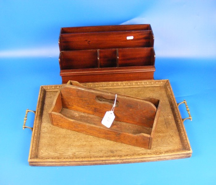 A mahogany stationary rack together with an Oak cutlery tray and a large tray with brass handles