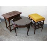 A circular mahogany occasional table together with an upholstered stool and another table