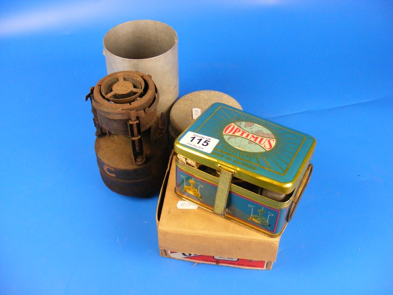 Optimus camping stove in original outer cardboard box together with a 1950's similar camping stove.