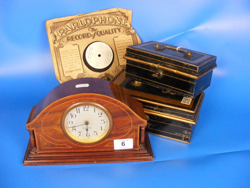 Edwardian mahogany inlaid mantle clock together with two cash boxes and a record