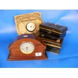 Edwardian mahogany inlaid mantle clock together with two cash boxes and a record