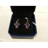 A pair of 9K gold Amethyst cross earrings