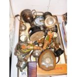 A quantity of assorted plated trophies to include a damages silver trophy and anri bottle toppers