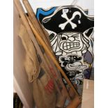 Five novelty pirate carnival boards together with various croquet mallets