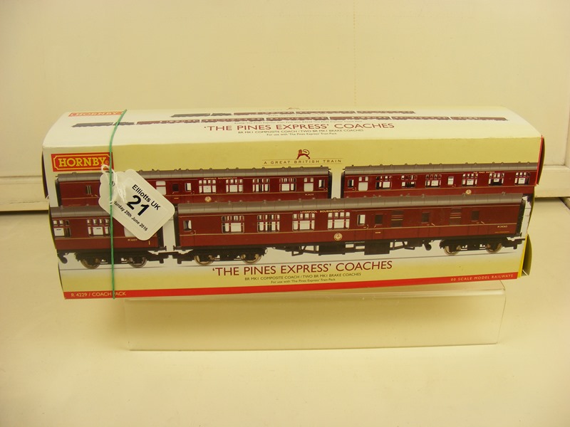 A boxed Hornby Coach Pack R4229 'The Pines Express' include BR MK1 Composite Coach and Two BR MK1