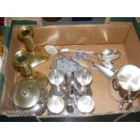 A silver plated egg cups and matching stand together with other silver plated ware and a pair of