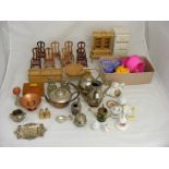 A carton containing a quantity of Doll house furniture to include Chairs, Dresser,