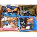 3 boxes of Action Men and accessories. Including 10 figures, tent, kayak,and 2 motorbikes.