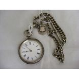 A silver pocket watch together with Belcher chain and fob contained in a Benson case