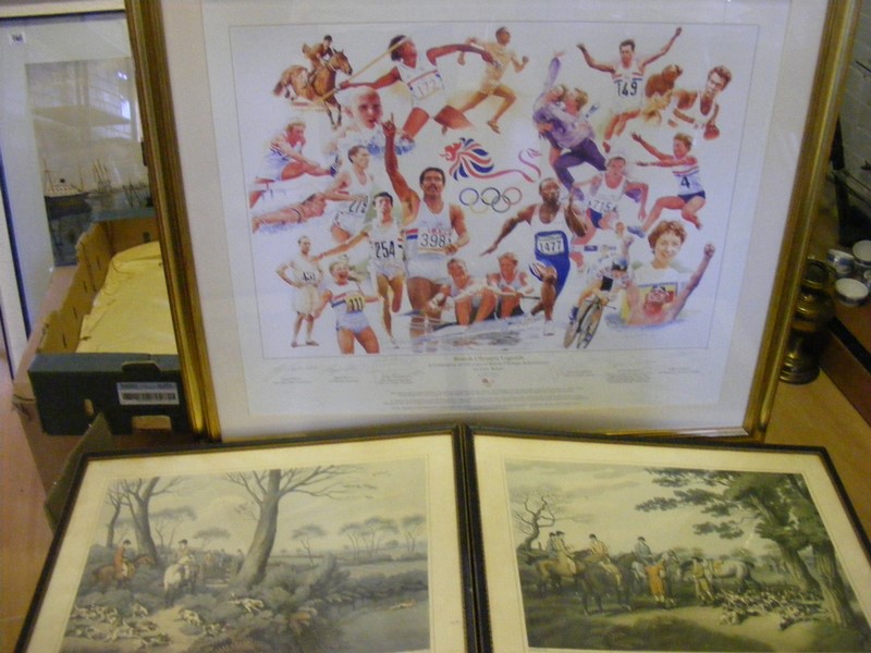 An Olympic sporting print by Gary Keane together with two hunting prints (Hare hunting Nos 1 and 2).