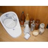 A selection of vintage bottles and kitchenalia to include a ceramic sifter, grimwades drainer,