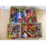 Four cartons of playworn cars and toys to include Matchbox, Maisto, Corgi,