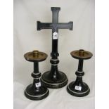 Three Altar pieces consisting of Crucifix and two candlesticks approx height of crucifix 20.