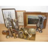 Carton of assorted brass and metal items together with another box to include pictures and prints