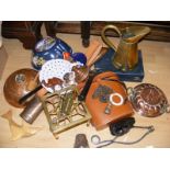 A Copper Wafax hotwater bottle together with a pair of Binoculars, brass trivet,