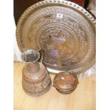A large Eastern decorated tray together with a detailed copper ewer etc