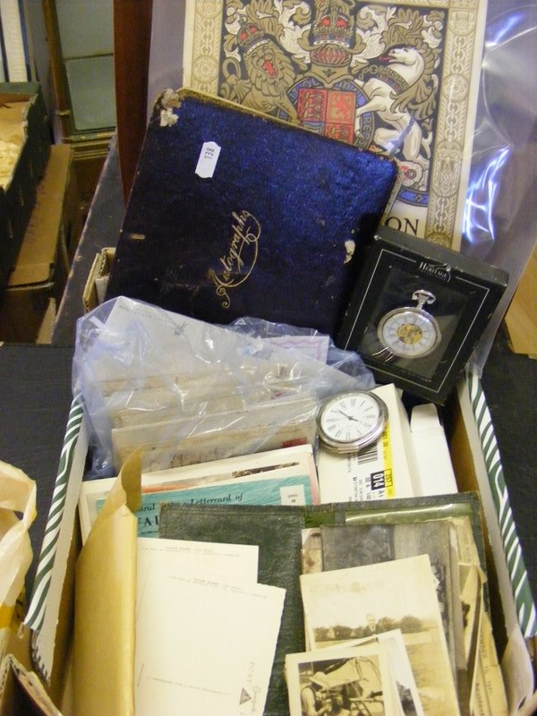 Small box of mixed collectables to include watches, postcards, Royalty souvenirs,