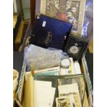 Small box of mixed collectables to include watches, postcards, Royalty souvenirs,