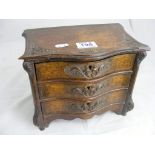 An Oak miniature three drawer jewellery chest approx 10'' wide and 8'' tall