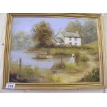 Framed oil on canvas depiction river cottage scene signed Heath