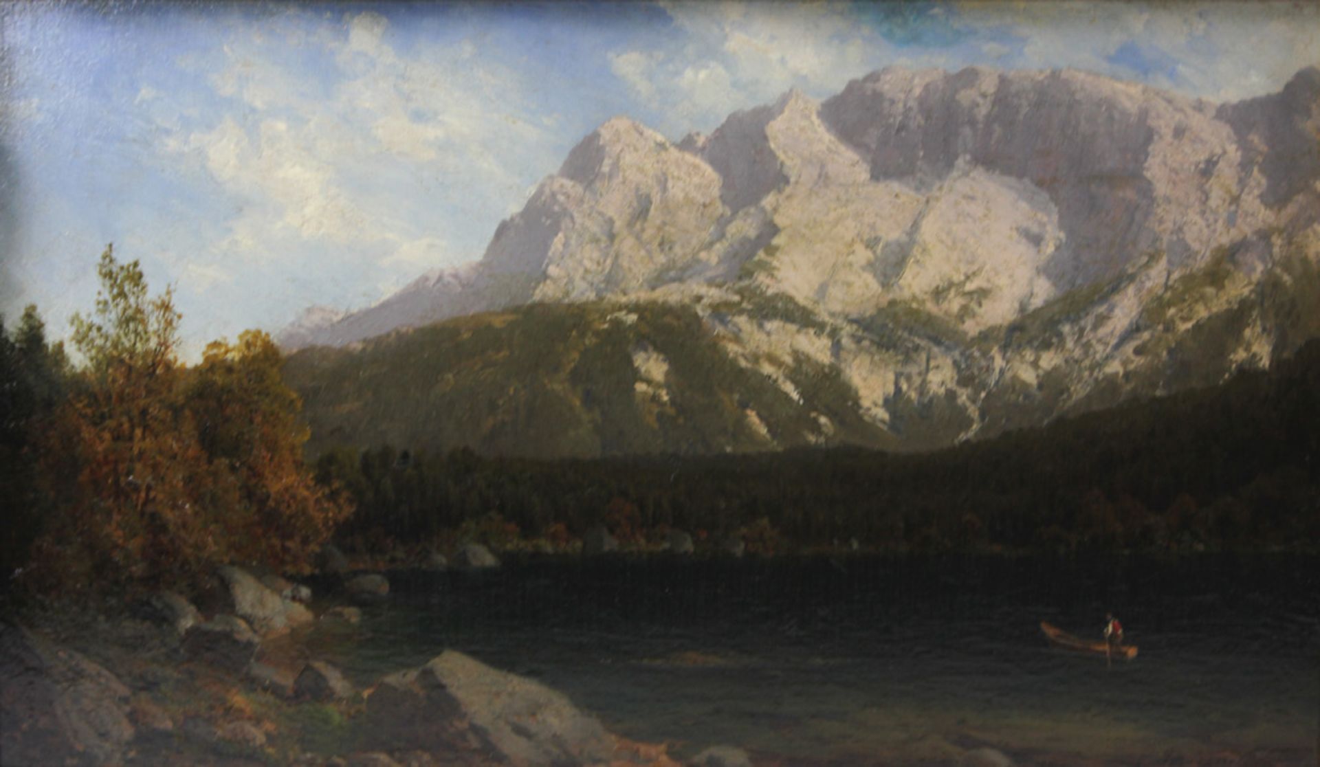 SCHOYERER, JOSEPH (1844-1923): Eibsee mit Zugspitze. Öl/Holz (min. rest.),  u. re. sign., 26x44
