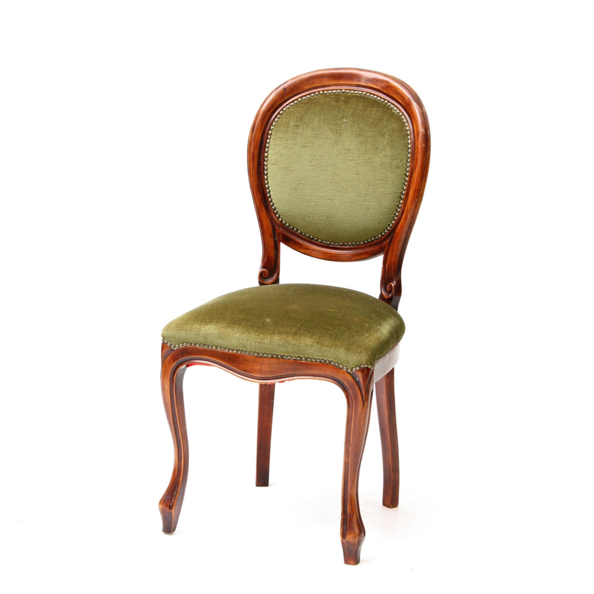 Dekorativer Stuhl im Louis-Philippe-Stil, Buche mahagonifarben gebeizt. Gepolsterte Rücken- und