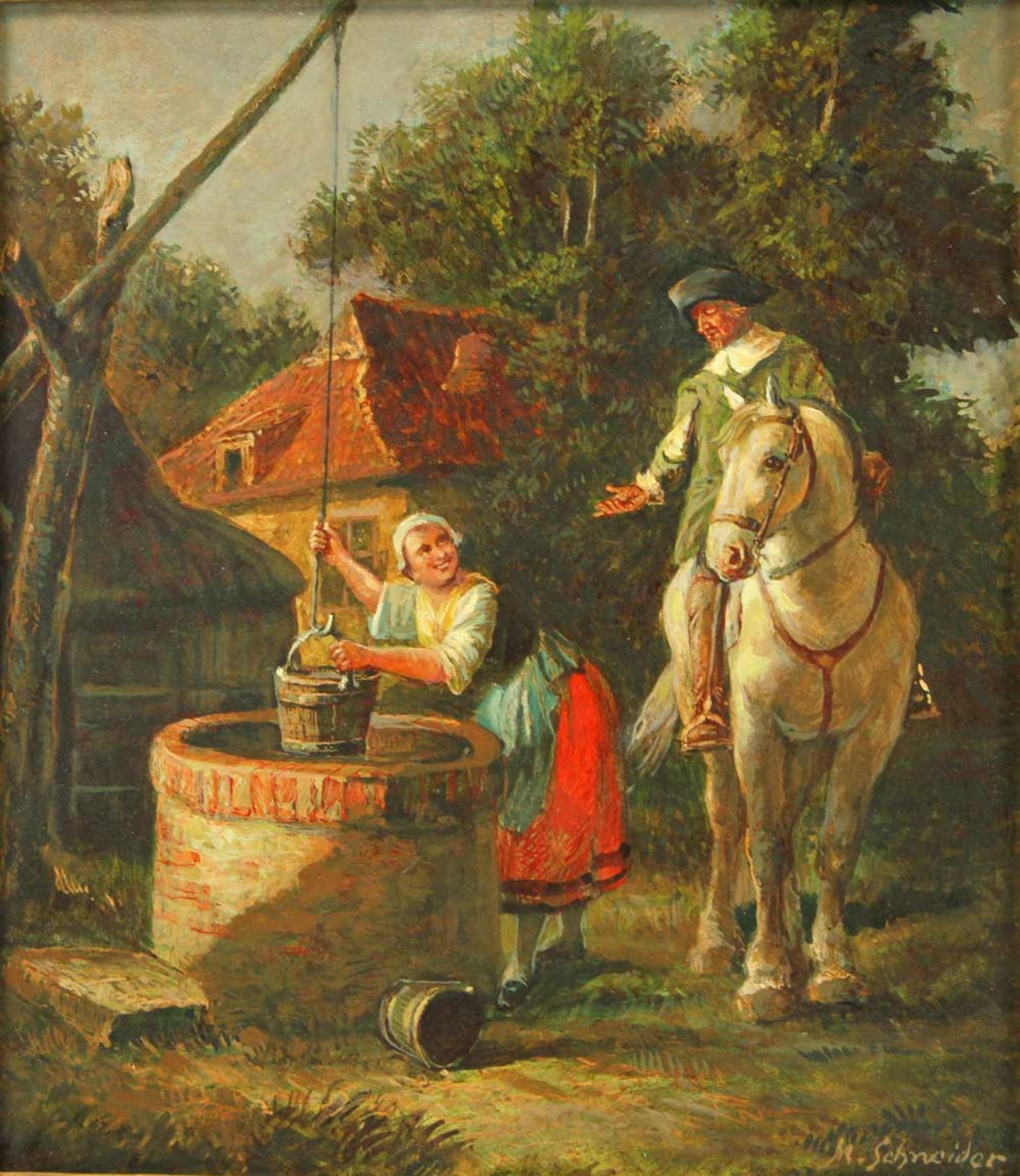 SCHNEIDER, M. (wohl Max Schneider; 1903-1980): Reiter zu Pferde mit Magd an einem Brunnen, 20. Jhd.,