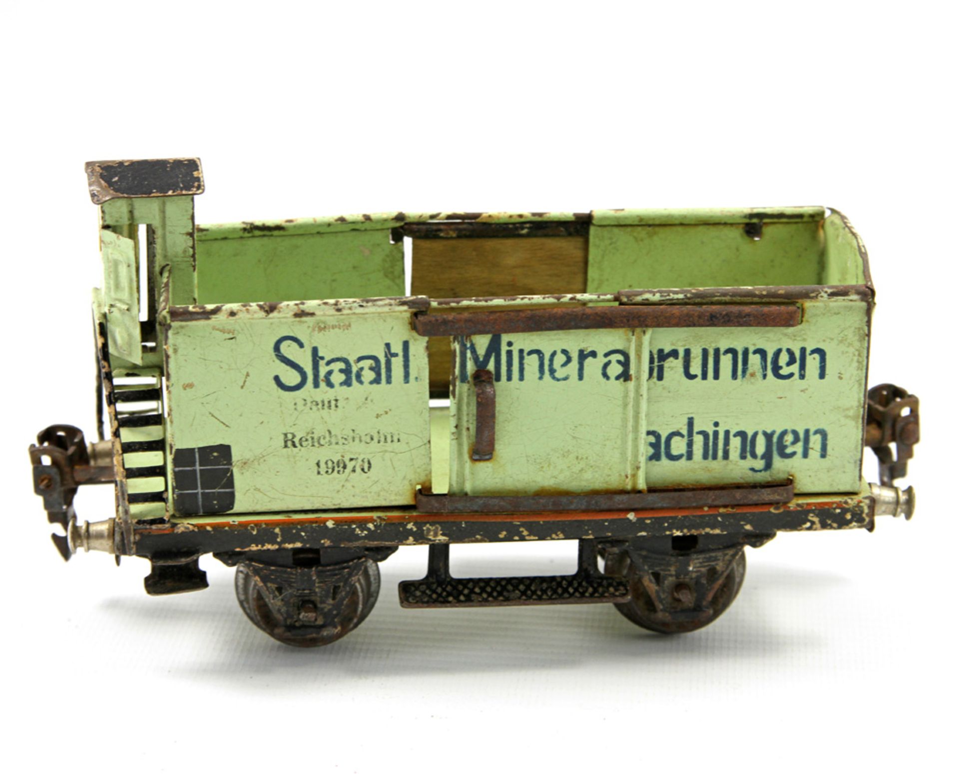 MÄRKLIN Mineralwasserwagen 19970, Spur 0, Güterwagen mit Bremserhaus. Blech, hellgrün, bez. Deutsche