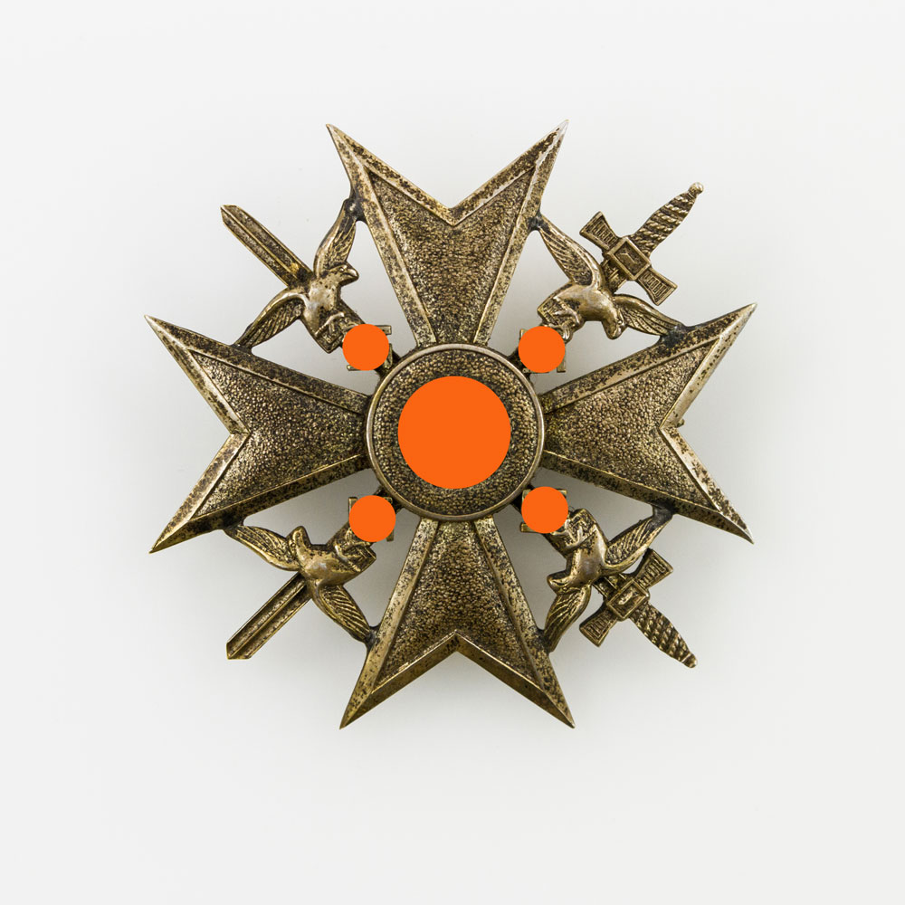 III. Reich - Spanienkreuz mit Schwertern, wohl Weißmetall versilbert, Nadel punziert '4', leicht
