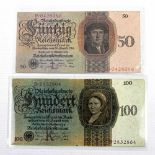 Dt. Reich, Weimarer Republik - 50 Reichsmark + 100 Reichsmark, 11. Oktober 1924, Reichsdruck,