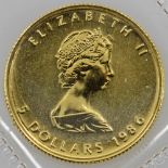 Kanada - 5 Dollars 1986, Maple Leaf, GOLD, 1/10 Unze, pfr., in Folie