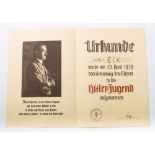 III. Reich - Urkunde über die Aufnahme in die Hitler-Jugend am Geburtstag des Führers, Alters- u.