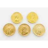 GOLD! - 5 Unzen in Form von 5 Münzen: Kanada Maple Leaf 1979 + 1988, Südafrika Krügerrand 1984,